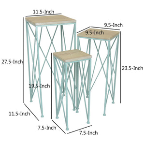 English Elm Mito Three Piece Nesting Plant Stand Set with X Cross Metal Base and Wood Tops Blue+Brown B056P416915