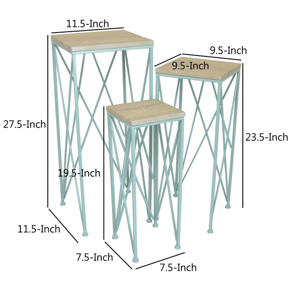 English Elm Mito Three Piece Nesting Plant Stand Set with X Cross Metal Base and Wood Tops Blue+Brown B056P416915