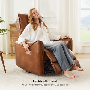 English Elm Brown Air Leather Power Recliner Rocker Swivel Chair for Living Room or Media B2766P488714
