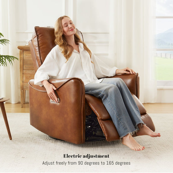 English Elm Brown Air Leather Power Recliner Rocker Swivel Chair for Living Room or Media B2766P488714