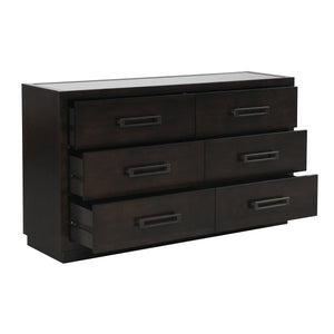 English Elm Modern Six Drawer Dresser with Glass Inset Top Gunmetal Pulls Charcoal Ash Veneer B011P201585
