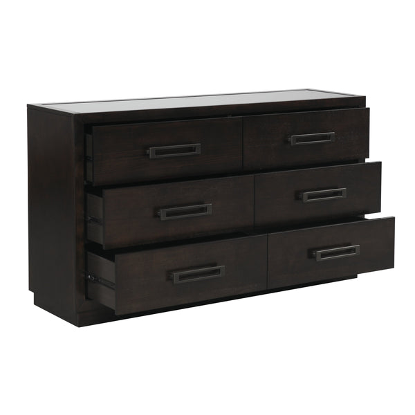 English Elm Modern Six Drawer Dresser with Glass Inset Top Gunmetal Pulls Charcoal Ash Veneer B011P201585