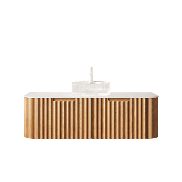 English Elm Dina Floating Bathroom Vanity with Crystal Glass Basin and Sintered Stone Top Aged Blue,Carrara White,Natural Wood,Transparent W2615S00238