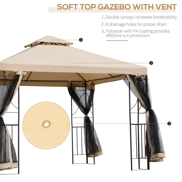 English Elm Outsunny 10' X 10' Durable Patio Gazebo With Corner Shelves, Netting & Vented Roof For Outdoor Relaxing W2225P174253-GIGA