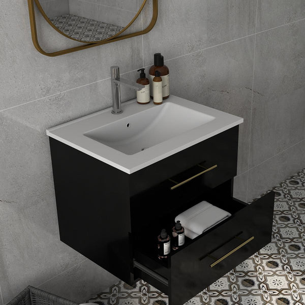English Elm 24-Inch Wall-Mounted Bathroom Vanity With Ceramic Sink, Gold Handles & Double Drawers For Small Spaces W3151S00036