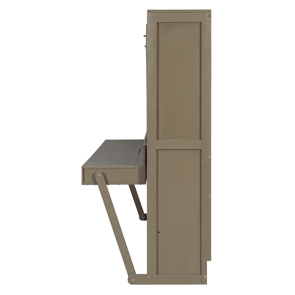 English Elm Queen Murphy Bed Cabinet with Vanity Desk Hydraulic Lift Mirror Distressed Finish Gray LP000766AAE-1