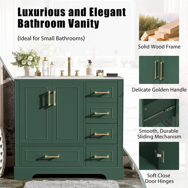 English Elm 36" Traditional Bathroom Vanity with Ceramic Sink, Solid Wood Cabinet, Soft-Close Doors & Drawers Green N729P251630F