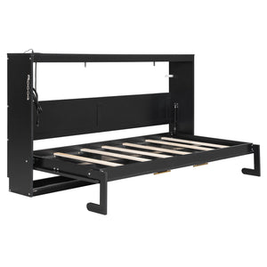English Elm Twin-size Murphy Wall Bed with Led Lighting Usb Outlet and Decorative Printed Panel Black LP000355AAB