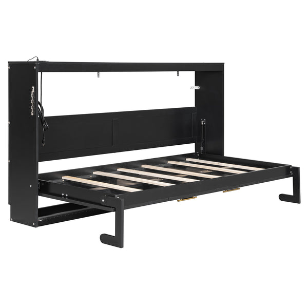 English Elm Twin-size Murphy Wall Bed with Led Lighting Usb Outlet and Decorative Printed Panel Black LP000355AAB
