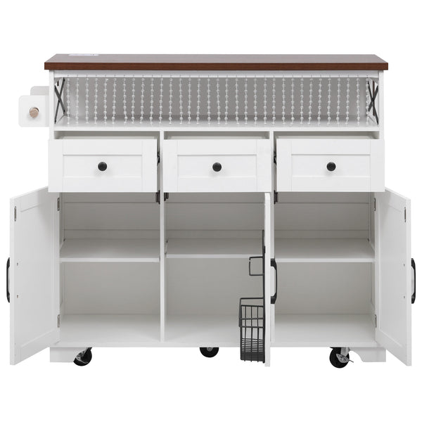 English Elm K&K 46.5'' Farmhouse Kitchen Island Cart with Beaded Drapes, Drop Leaf, Power Hub, Ample Storage White N707P254872W