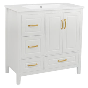 English Elm Christopher Knight Home® - 36" Freestanding Bathroom Vanity with Resin Sink, Soft-Close Doors & Drawers, Gold Alloy Handles, Spacious Storage and Easy Plumbing Access White N759P292552K
