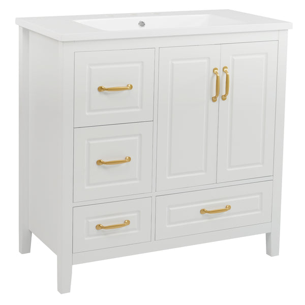 English Elm Christopher Knight Home® - 36" Freestanding Bathroom Vanity with Resin Sink, Soft-Close Doors & Drawers, Gold Alloy Handles, Spacious Storage and Easy Plumbing Access White N759P292552K