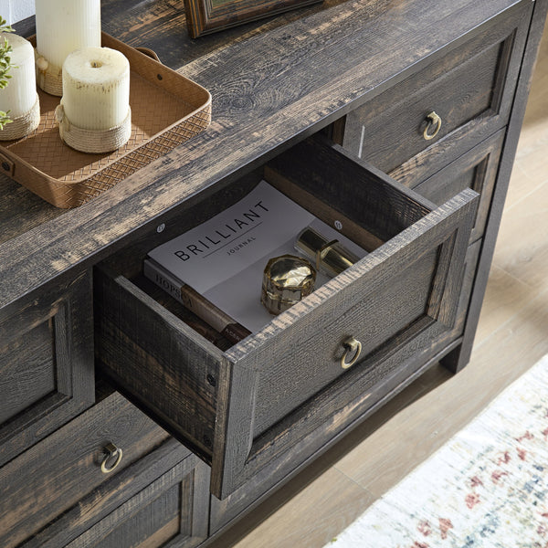 English Elm Farmhouse Tall Five Drawer Chest Rustic Oak Barn Door Style Organizer for Bedroom W2393P197410