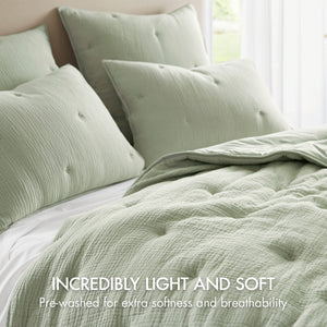 English Elm 3-piece King Cotton Muslin Quilt Set with Embroidered Tacking Breathable Crinkled Bedding B035P408344