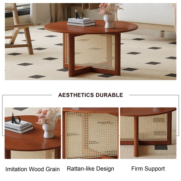 English Elm A deep red wooden coffee table with rattan accents — elegant, durable, easy assembly for cozy living spaces W1151140563