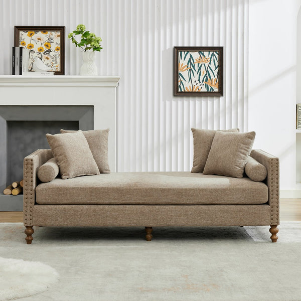 English Elm 75.2'' Chenille Upholstered Daybed Chaise with Nailhead Trim and Rubberwood Legs Taupe W3188S00057
