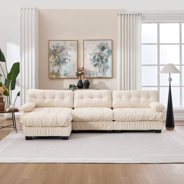 English Elm Modular Cloud Sectional Sofa Flannelette Deep Seat L Shape with Movable Ottoman Beige W2120S00037