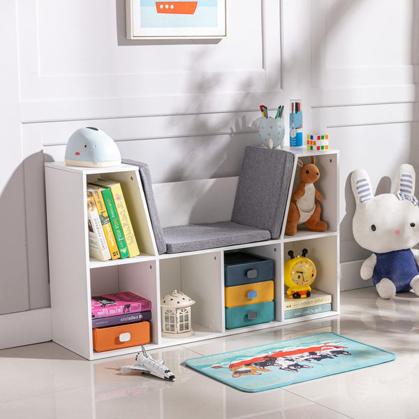 English Elm HOMCOM Kids 6-Cubby Bookcase with Padded Reading Nook, White Storage Bench for Toys & Books W2225P249823