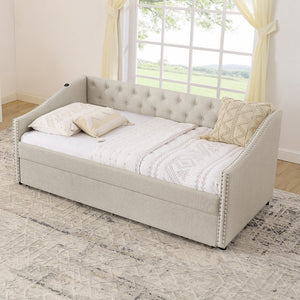 English Elm Twin Daybed with Pull Out Trundle Usb Charging Tufted Upholstered Sofa Guest Bed Beige W1413S00156