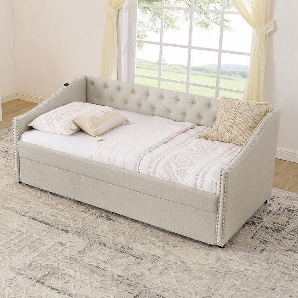 English Elm Twin Daybed with Pull Out Trundle Usb Charging Tufted Upholstered Sofa Guest Bed Beige W1413S00156