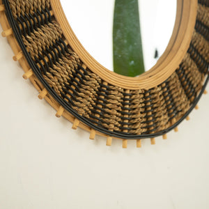 English Elm 23'' Echo Mirror Bamboo Round Wall Mirror with Handwoven Yellow & Black Hemp Rope Accent, Eco Chic Decor W2615P346485