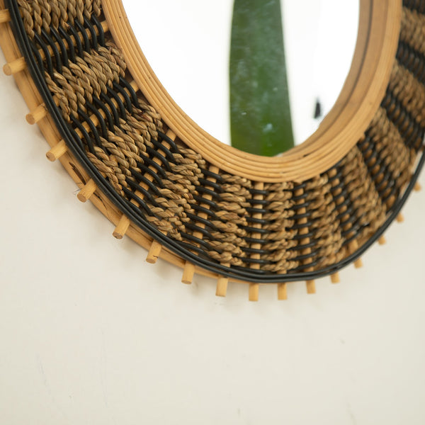 English Elm 23'' Echo Mirror Bamboo Round Wall Mirror with Handwoven Yellow & Black Hemp Rope Accent, Eco Chic Decor W2615P346485
