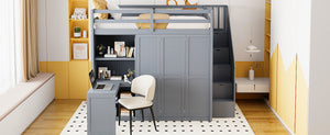 English Elm Full Size Loft Bed with Wardrobe Desk and Shelving for Modern Teen Bedroom Gray LT000679AAE-1