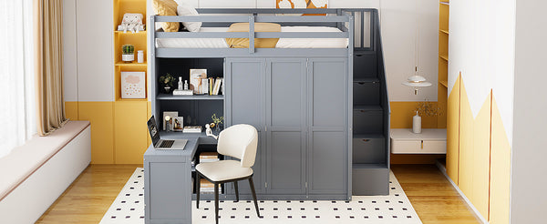 English Elm Full Size Loft Bed with Wardrobe Desk and Shelving for Modern Teen Bedroom Gray LT000679AAE-1
