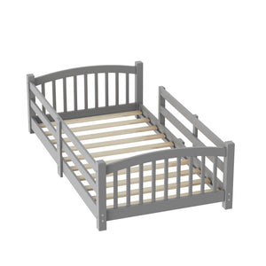 English Elm Twin Montessori Floor Bed Solid Pine Frame with Safety Guardrails for Kids Bedroom Gray N733P400298E
