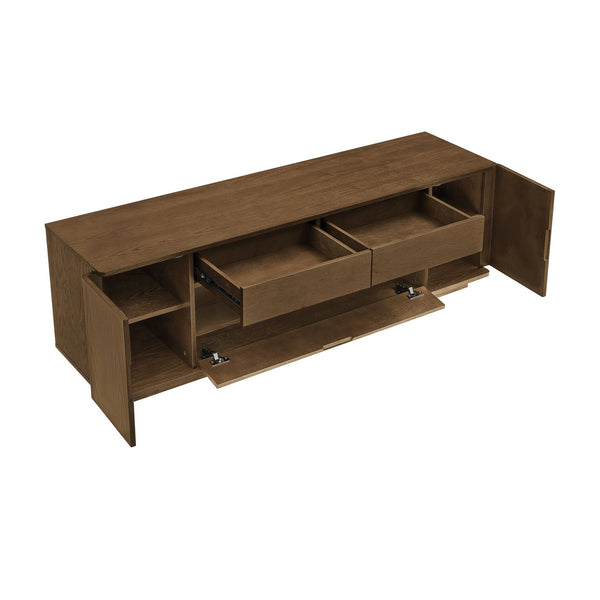 English Elm 59" Mid-century Walnut Entertainment Center Low Profile Media Console with Carved Cabinets W1801P457802
