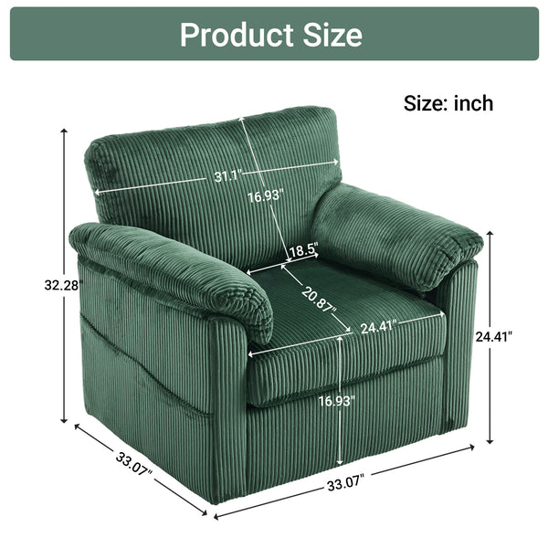 English Elm 33 Inch Oversized Swivel Corduroy Lounge Chair with Plush Chenille Cushioning and Support Springs Green W1829P265011