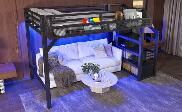 English Elm Full Xl Over Twin Triple Metal Bunk Bed with Storage Stairs and Shelves Black Black+Natural W1580S00407