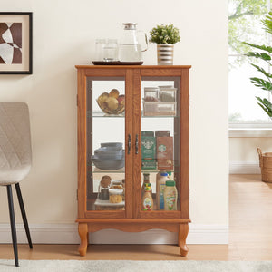 English Elm 2 Doors Curio Cabinet With Adjustable Shelves, Mirrored Back & Integrated Lighting - Elegant Oak Display W2275P177197