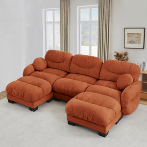 English Elm Pleated Chenille U-shape Sectional Sofa with Ottomans Ergonomic Foam Curved Armrests Orange W5656S00069