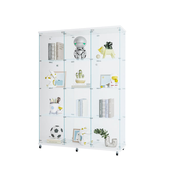 English Elm 3 Door Glass Cabinet Tempered Glass Display Showcase with Lockable Doors, 4 Shelves for Collectibles White W1510S00019