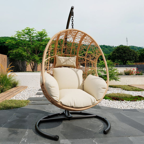 English Elm 42 Inch Wide Hanging Egg Chair Pe Rattan Patio Swing with 400lb Capacity Cushioned Seat W3979S00008