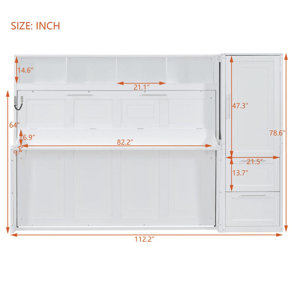 English Elm Queen Murphy Wall Bed with Integrated Wardrobe and Drawers for Studio or Guest Room White LP000793AAK-2