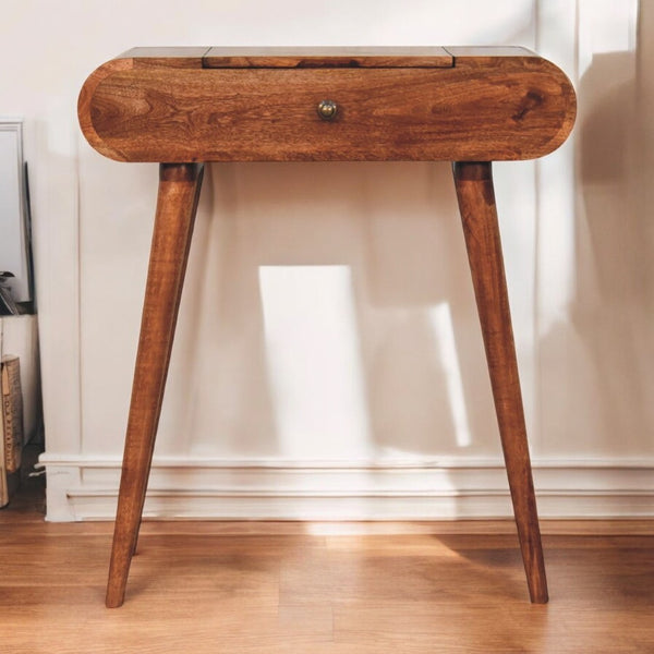 English Elm Solid Wood Mini Honey Caramel Dressing Table With Foldable Mirror & Nordic Legs For Small Spaces B182P279270-GIGA