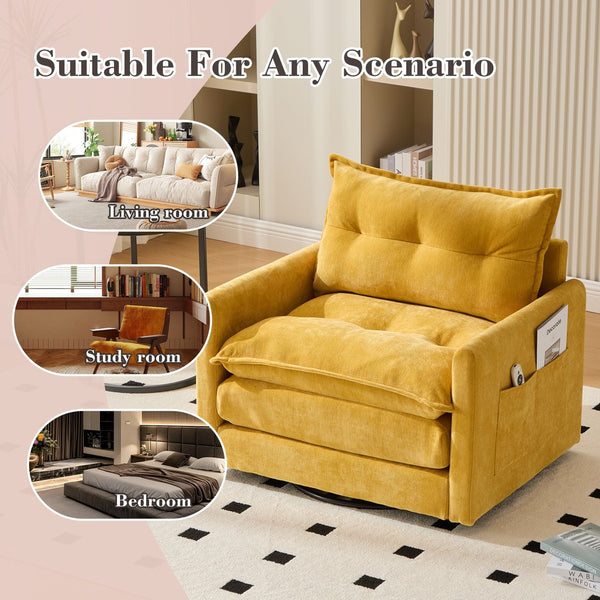 English Elm UNITED Swivel Barrel Chair with Chenille Upholstery, 360° Smooth Rotation, Padded Arm Comfort and Side Pockets for Living Room Relaxation Mustard yellow W1568P290085