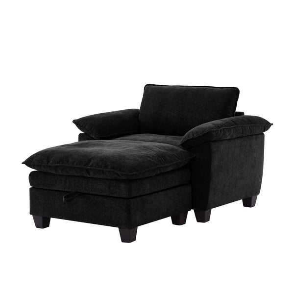 English Elm 51" Oversize Chaise Lounge Chair with Ottoman and Hidden Storage Upholstered in Soft Chenille Comfort Black W1097S00151