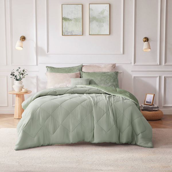 JLA Home Intelligent Design - Velvet Crushed-velvet Comforter Set with Diamond Quilting, Hypoallergenic Fill and Plush Texture Green ID10-2412