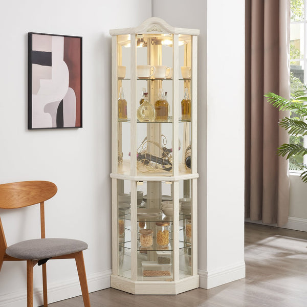 English Elm Glass Corner Curio Cabinet Lighted Dark Wood Display with Carved Crown Floral Detail White W2275P292644