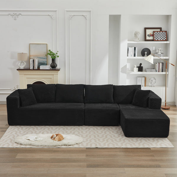 English Elm 106" Cloud Sectional Couch - L-Shaped Modular Sofa With Right-Facing Chaise In Black Plush Corduroy W1143S00028