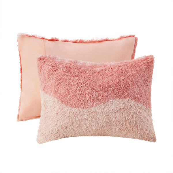 JLA Home Intelligent Design - Ombre Shaggy faux fur comforter with tonal wave stripe, reversible blush reverse, hypoallergenic care 90 L x 68 W x 1.5H ID10-2230