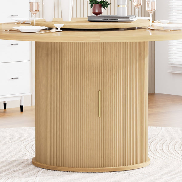English Elm 55-inch Round Wood Dining Table Seats Six with Turntable Tray and Tiered Storage W1162P357242