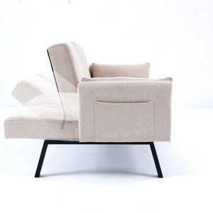 English Elm 70-inch Foldable Cotton Linen Sofa Bed with Cup Holder & Side Storage, Space-Saving 2-Seater Design Beige W3371P337197