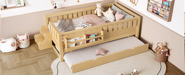 English Elm Twin Kids Platform Bed with Trundle Staircase Bookshelf and Rounded Safety Rails Light Natural W1580S00557