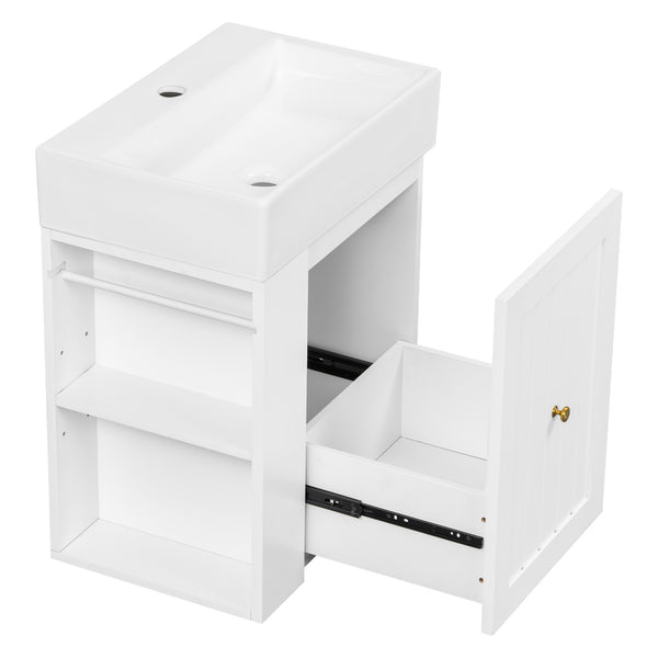 English Elm 20-Inch Compact Bathroom Vanity with Ceramic Sink, Wall-Mounted MDF Cabinet, Modern Space-Saver Design White N725P314023K