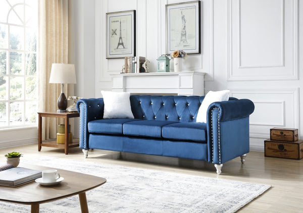 English Elm Raisa Navy Blue Velvet Sofa with Jeweled Tufting, Nailhead Trim, Pocketed Coil Cushions & Pillows B078S00099