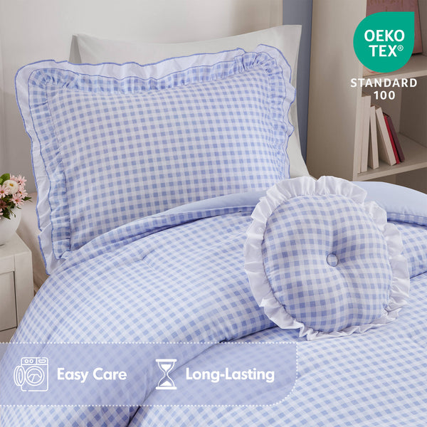 English Elm 3-piece Cottage Gingham Comforter Set with Ruffle Trim and Round Throw Pillow Blue B035P463185